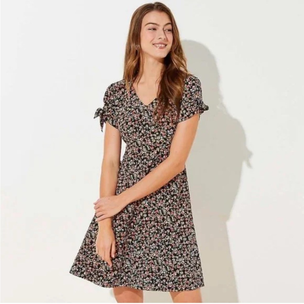 LOFT Brown and Black Puff Sleeve Sundress